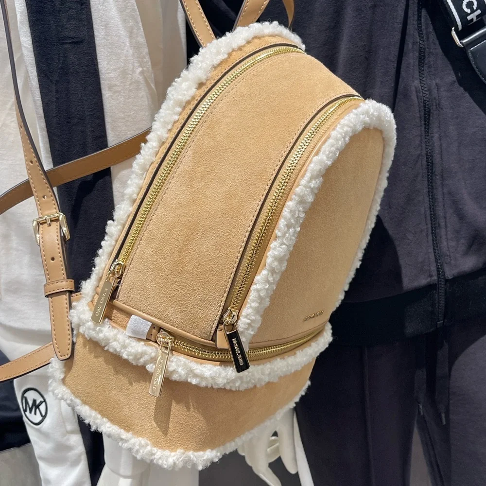 MICHAEL KORS Rhea Medium Suede and Faux Shearling Backpack Peanut NWT